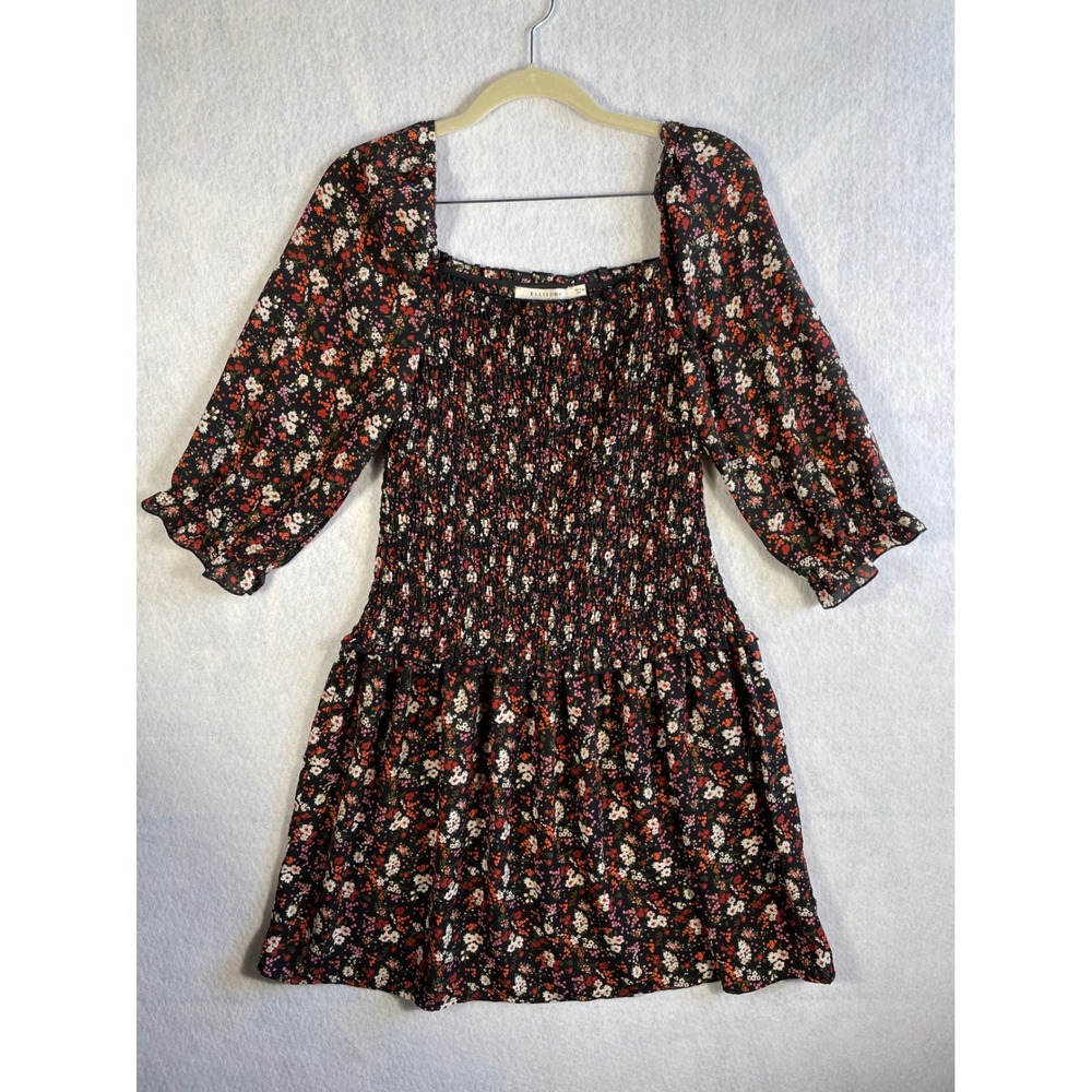 Ellison Womens Floral Smocked Mini Dress Square Neck 3/4 Sleeve Black M RO2947-6
